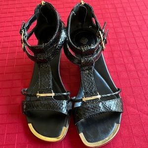 Isola black patent wedge sandals